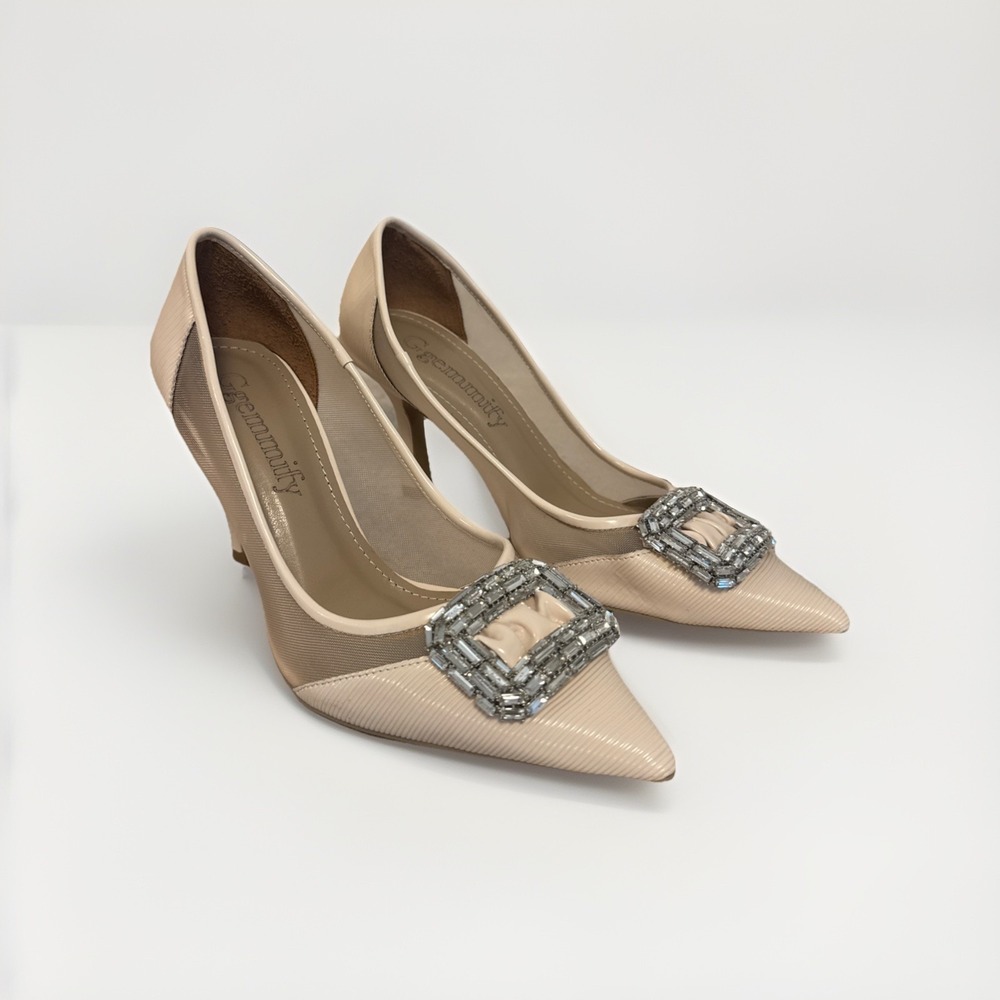 Ggemmify Beige Pointed Toe Pumps Rhinestone Buckle EU 38 US 7.5-8 Made in Turkey